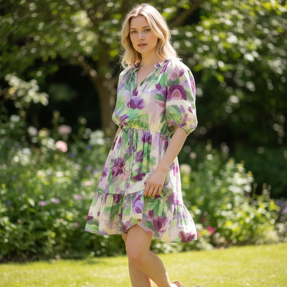 Maison Tara Floral Mini Dress Purple Green Ruffle Neck Puff Sleeve Size 4